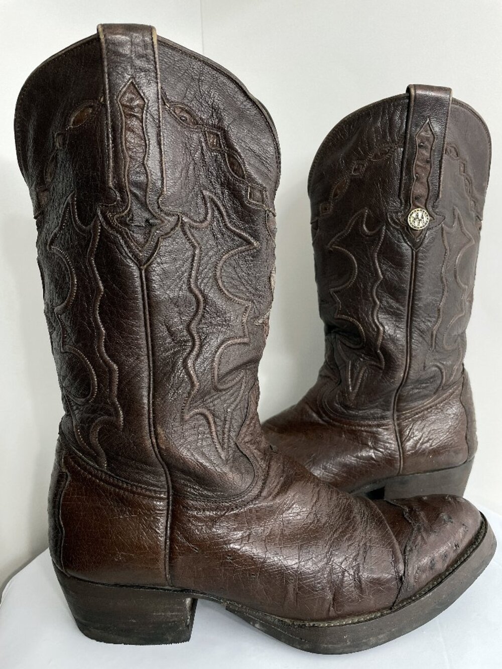 Montana Ostrich Leather Western Cowboy Brown Embroidered Boots Men's 7.5 E Wide